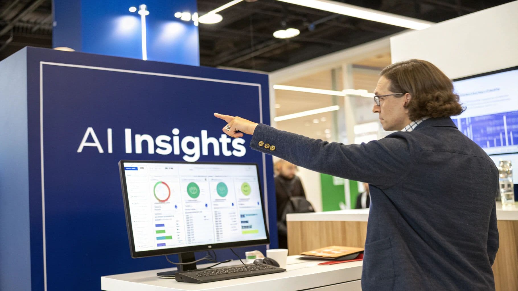 A man in glasses points to a monitor displaying AI Insights data at a technology event.