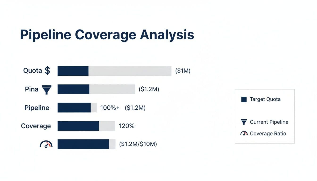 A pipeline coverage analysis chart showing financial targets, current pipeline status, and coverage ratio.