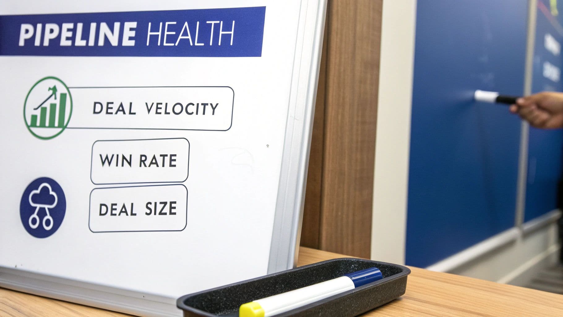 A whiteboard displays 'Pipeline Health' with metrics: Deal Velocity, Win Rate, and Deal Size.