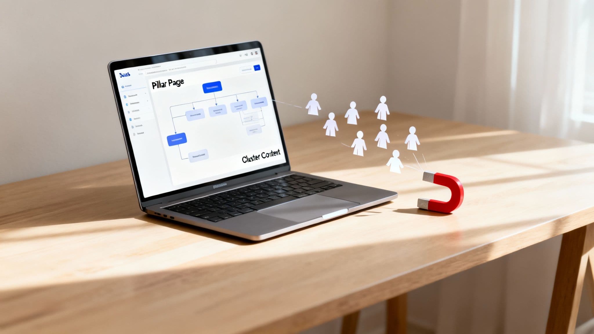 Laptop displays content strategy diagram with pillar page and cluster content attracting an audience.