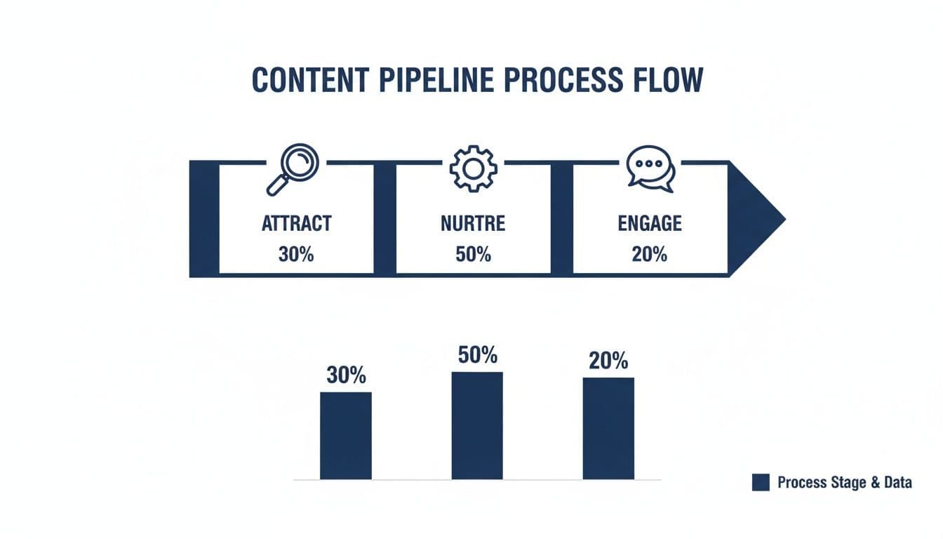 A content pipeline process flow diagram illustrating attract, nurture, and engage stages with their respective percentages.
