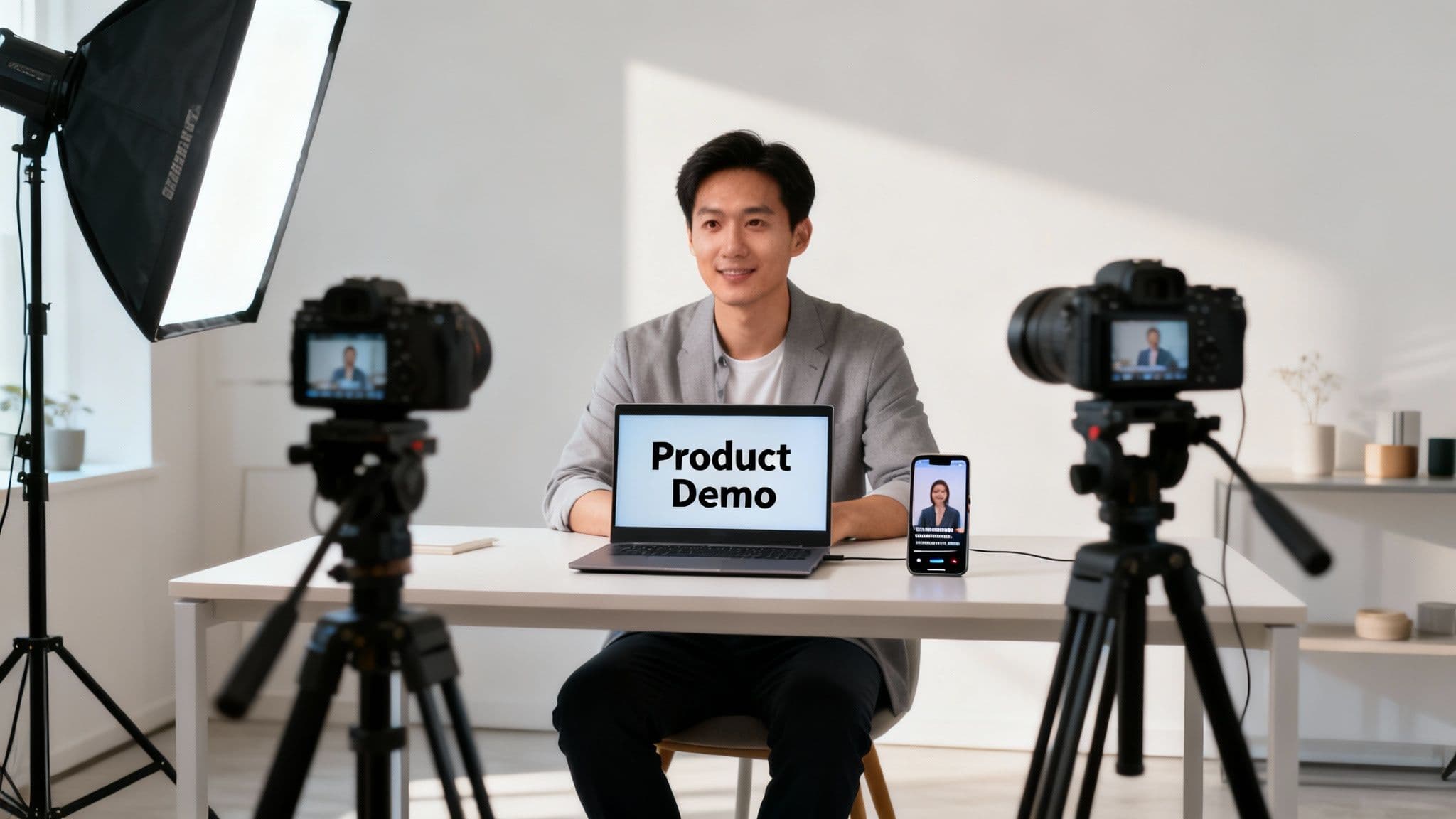 Asian man recording a product demo video in a studio with cameras and lights.