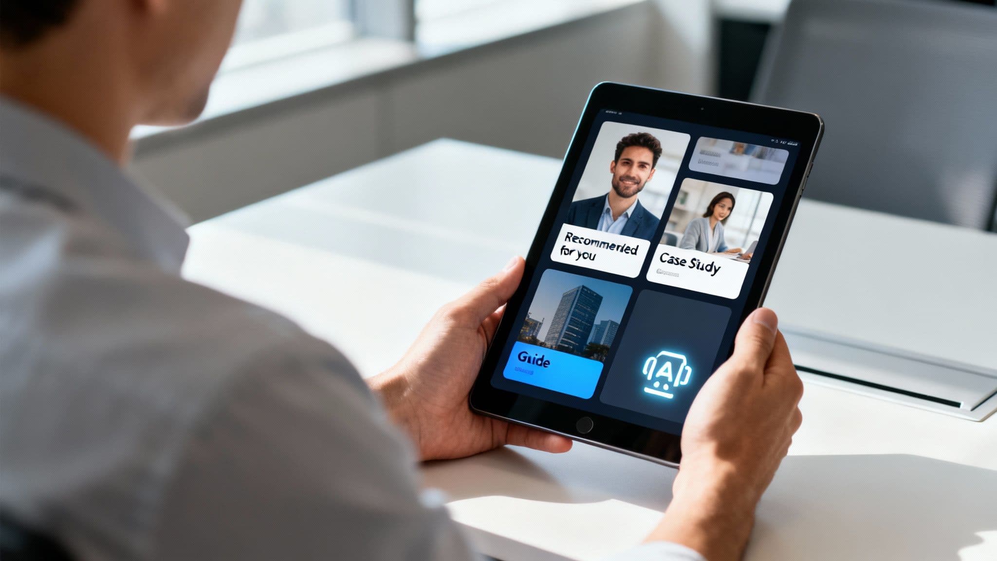 A person holds a tablet displaying a content application with recommended sections in an office.