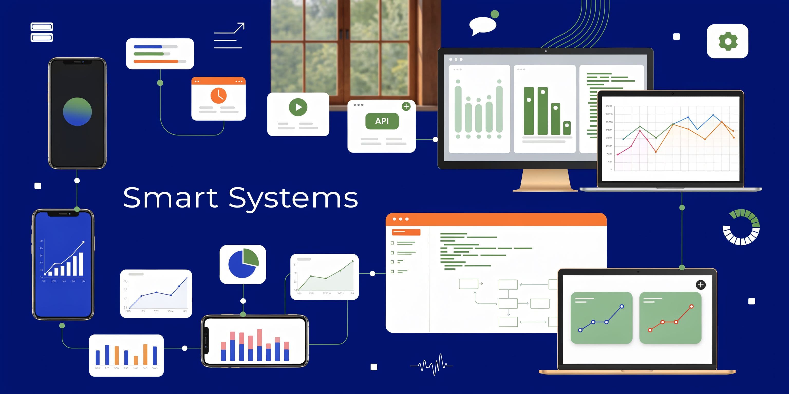 A digital illustration showing a variety of smart system dashboards, data charts, and mobile devices connected together.