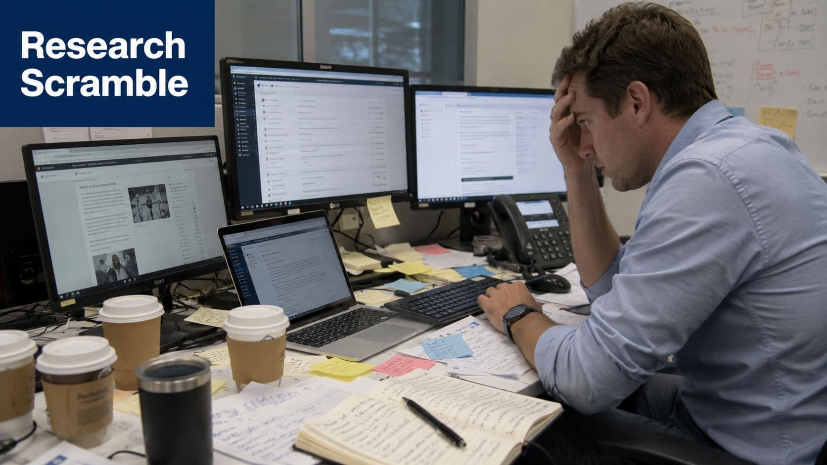 A stressed man sitting at a desk overflowing with monitors, coffee cups, and handwritten notes while working.