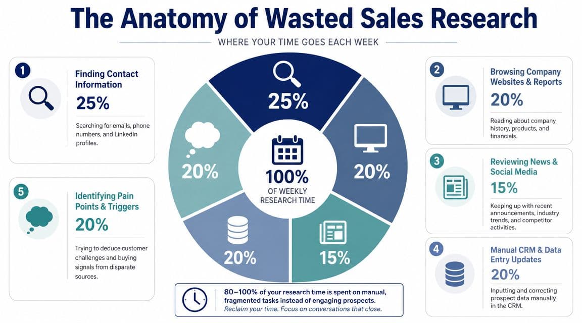 An infographic titled The Anatomy of Wasted Sales Research showing how sales representatives spend their weekly time.