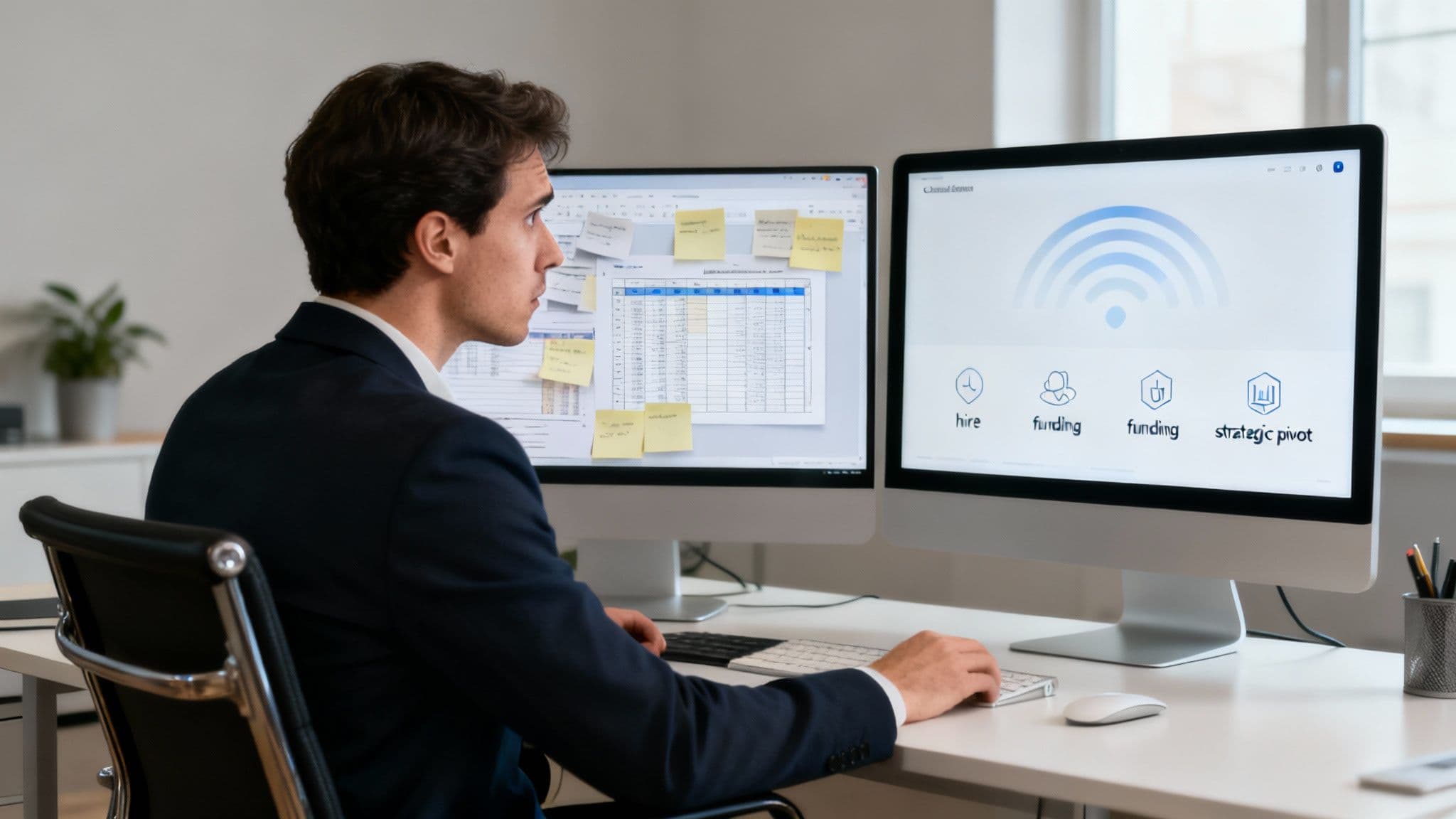 Businessman in a suit analyzing market trends on dual computer monitors in an office.