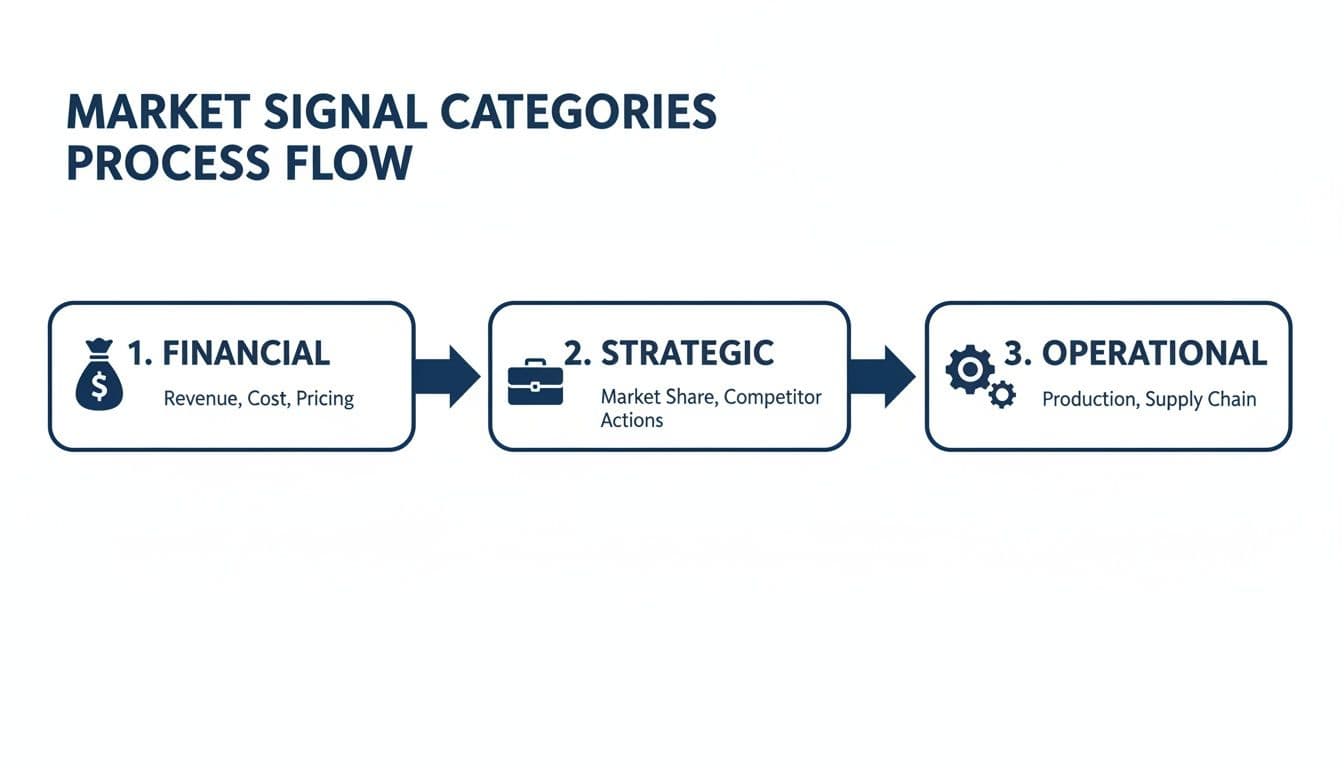 A process flow diagram illustrating three market signal categories: financial, strategic, and operational, with icons.