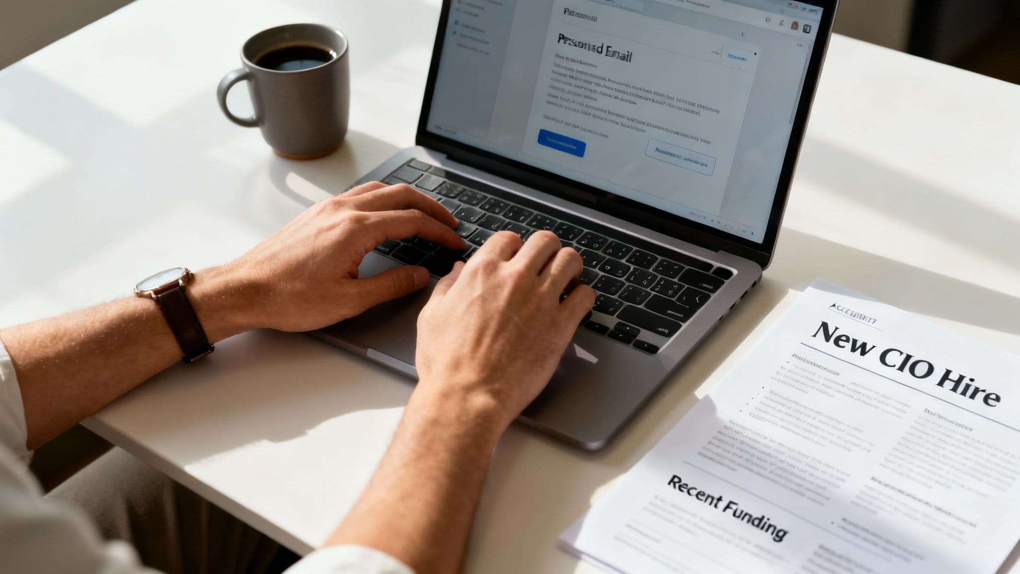 Person typing on a laptop at a bright white desk with a coffee cup and documents.