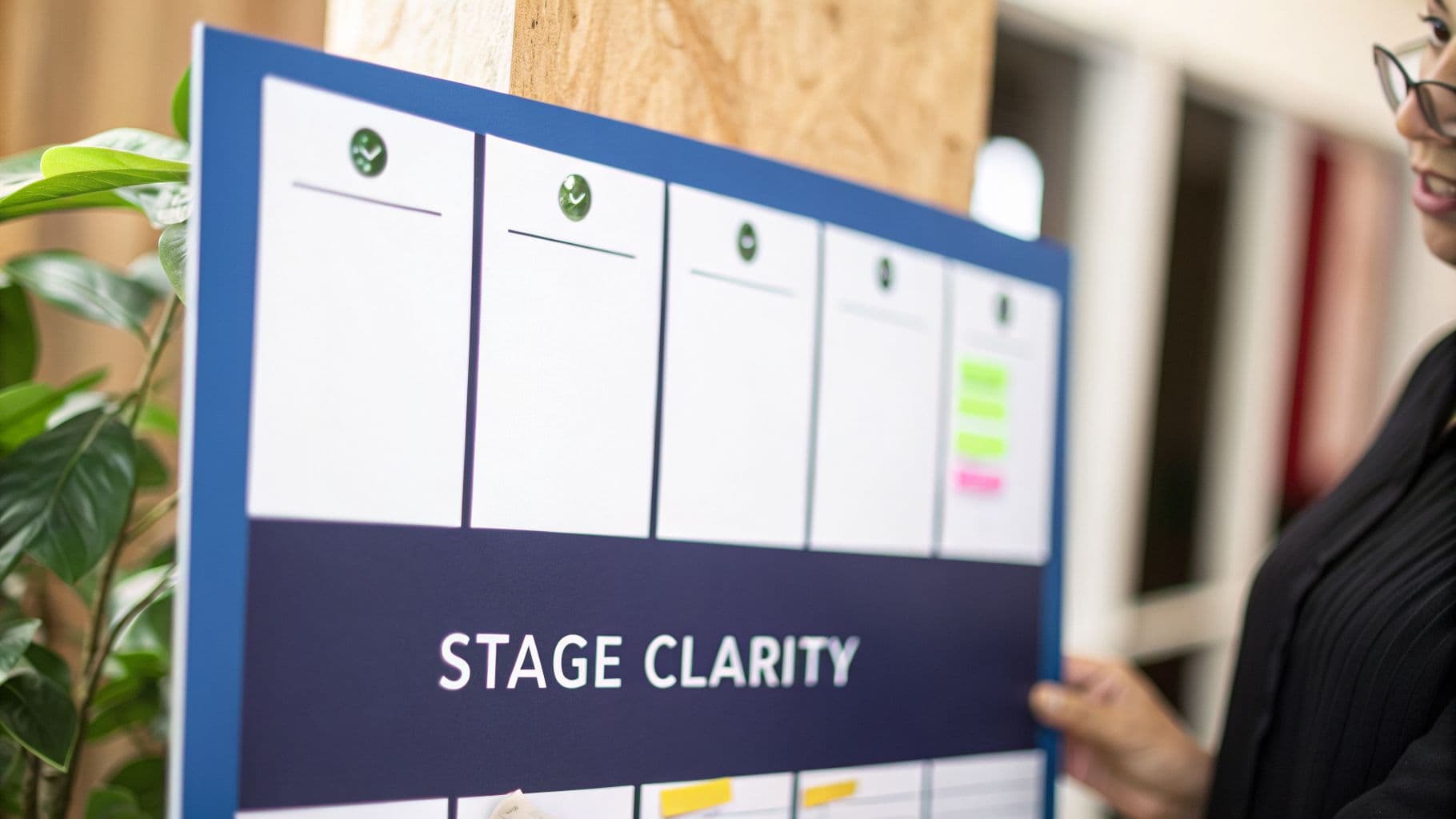 A woman interacting with a "STAGE CLARITY" board with task sections and sticky notes.