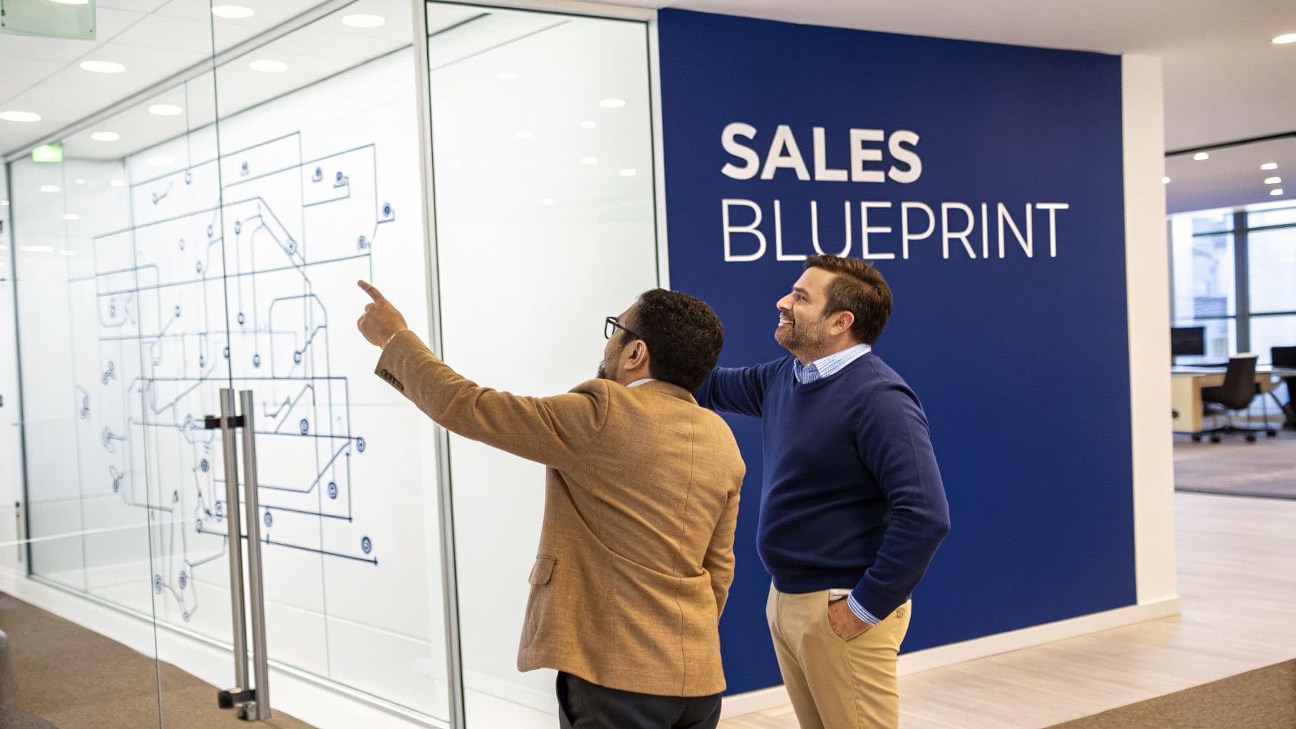 Two businessmen in an office collaborating, looking at a sales blueprint diagram on a glass wall.