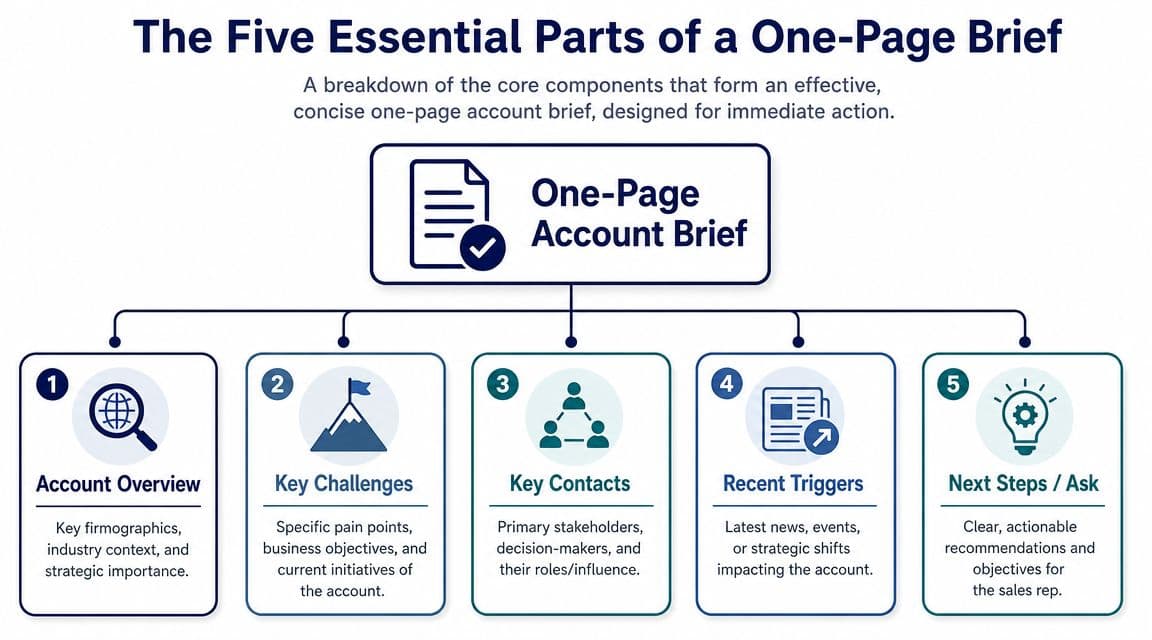 A diagram outlining the five essential parts of an effective one-page business account brief for sales.