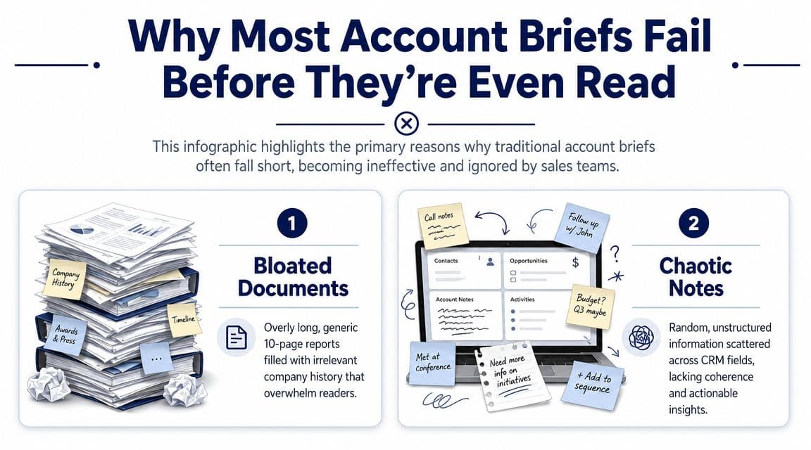 An infographic explaining why account briefs fail due to bloated documents and chaotic, unstructured sales notes.