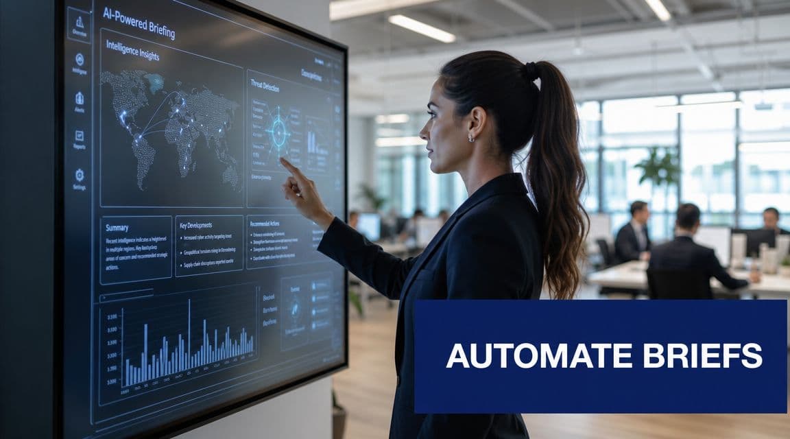 A businesswoman interacts with a large digital touch screen displaying AI-powered intelligence data and geopolitical analysis.