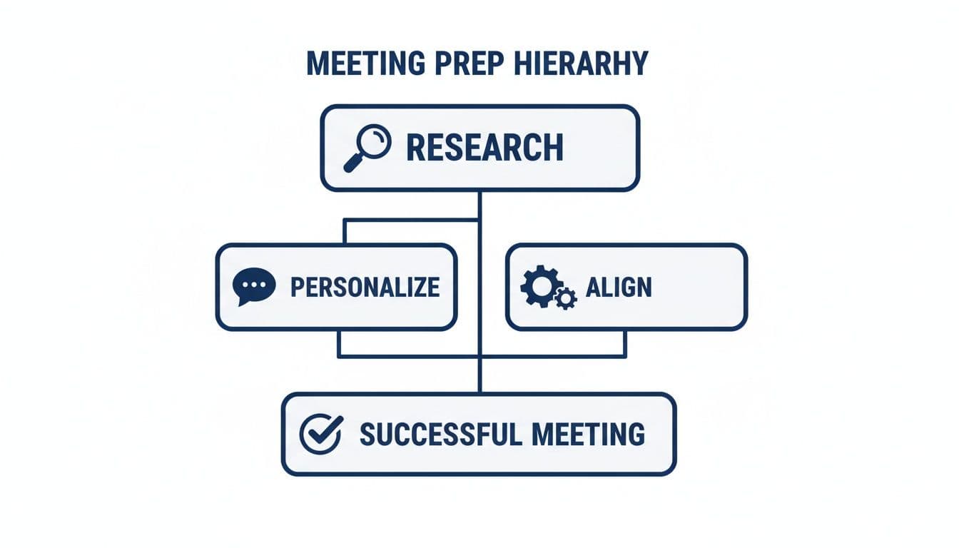 A flowchart detailing the meeting prep hierarchy: Research, Personalize, Align, leading to a Successful Meeting.
