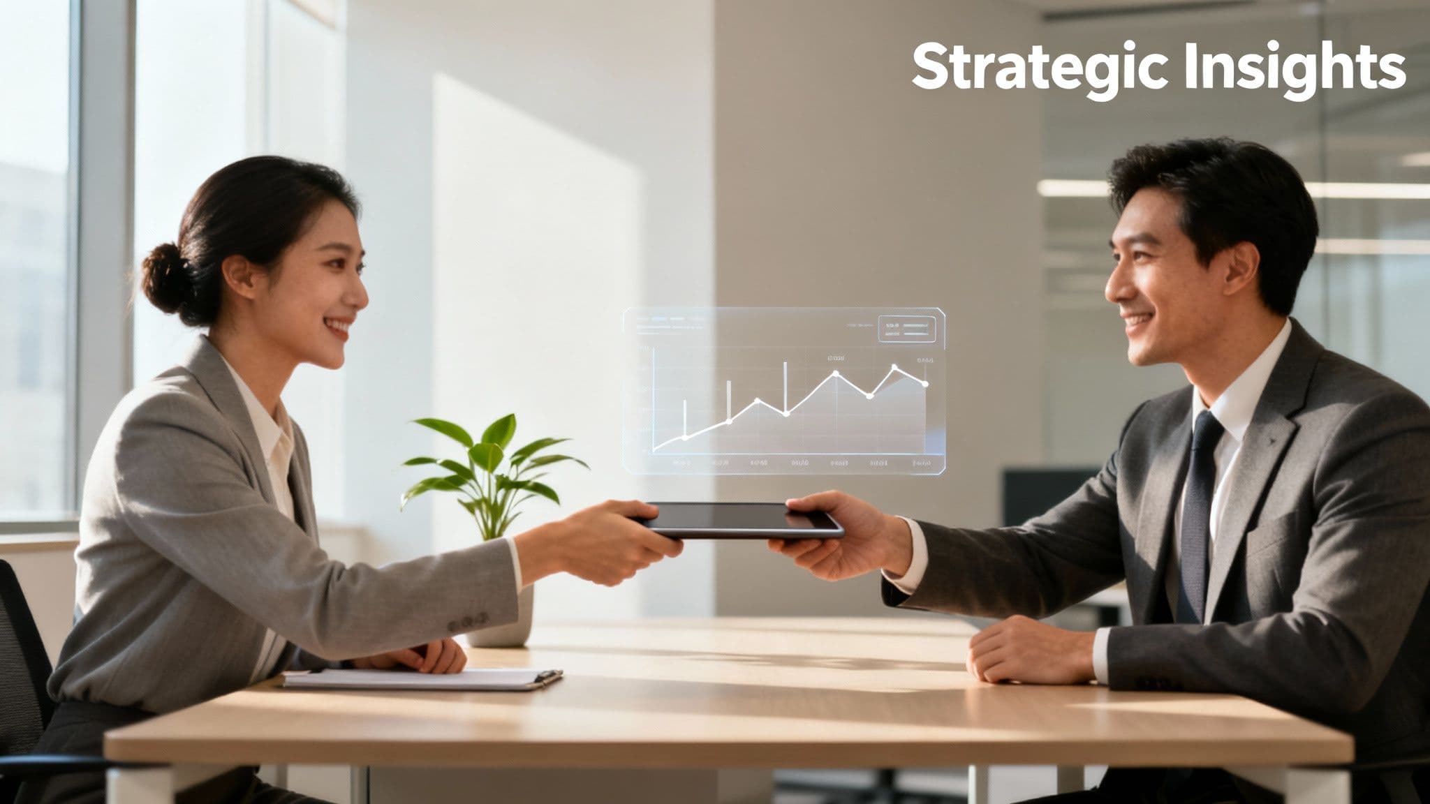 Smiling business professionals exchanging a tablet displaying a holographic data graph in an office.