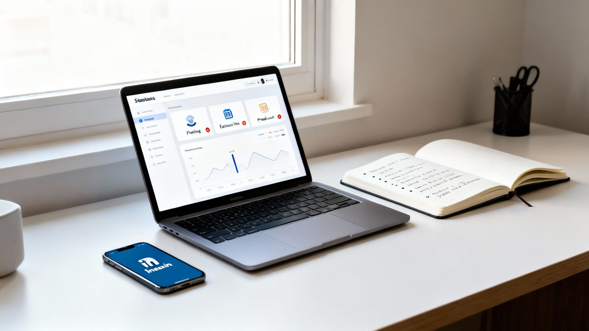 A modern workspace featuring a laptop displaying a dashboard, a smartphone, and an open notebook on a white desk.