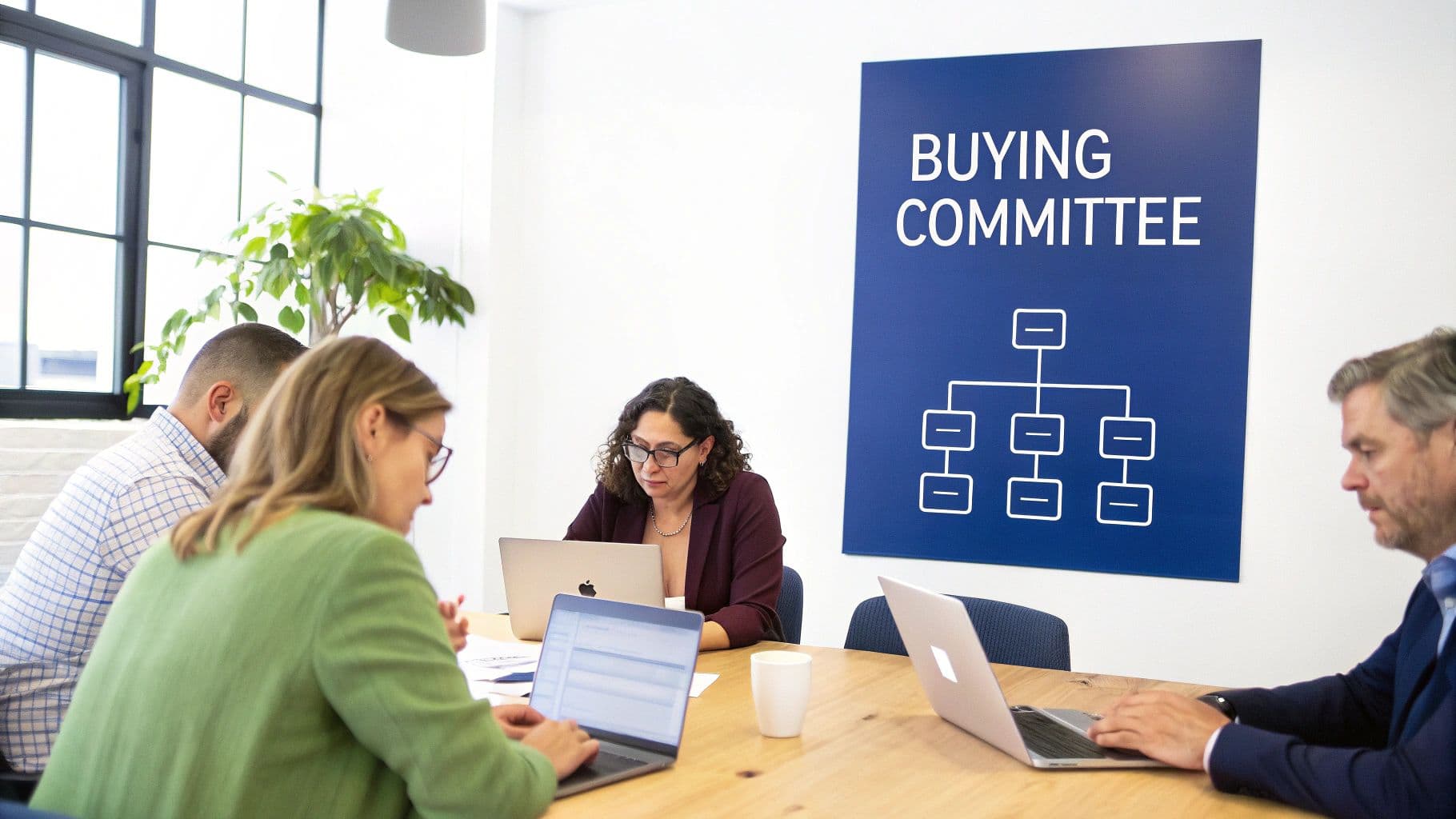 Professionals working on laptops at a table, with a 'Buying Committee' sign and organizational chart.
