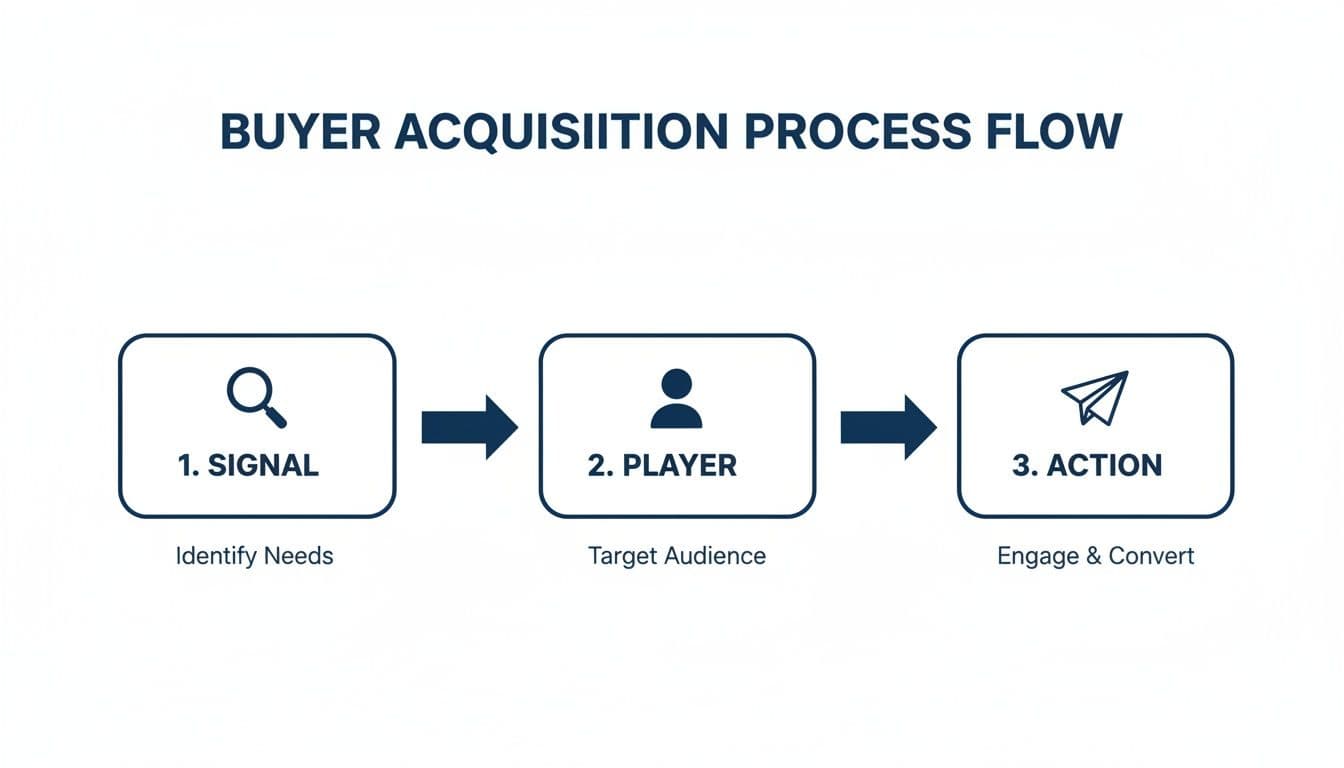 Process flow diagram illustrating buyer acquisition steps: Signal (Identify Needs), Player (Target Audience), Action (Engage & Convert).