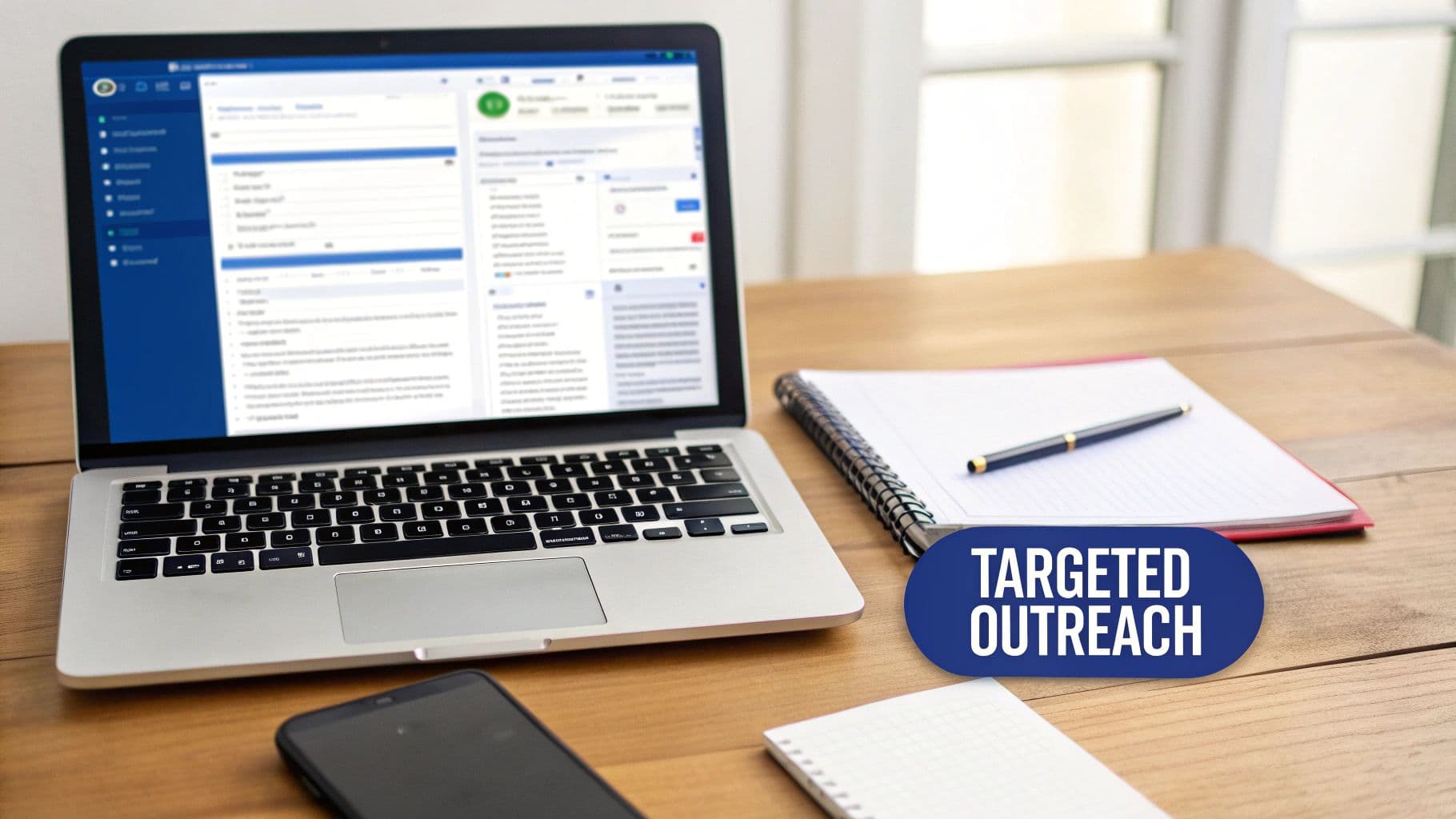 A laptop displaying business software, notepad, pen, and smartphone on a desk with 'TARGETED OUTREACH' text.