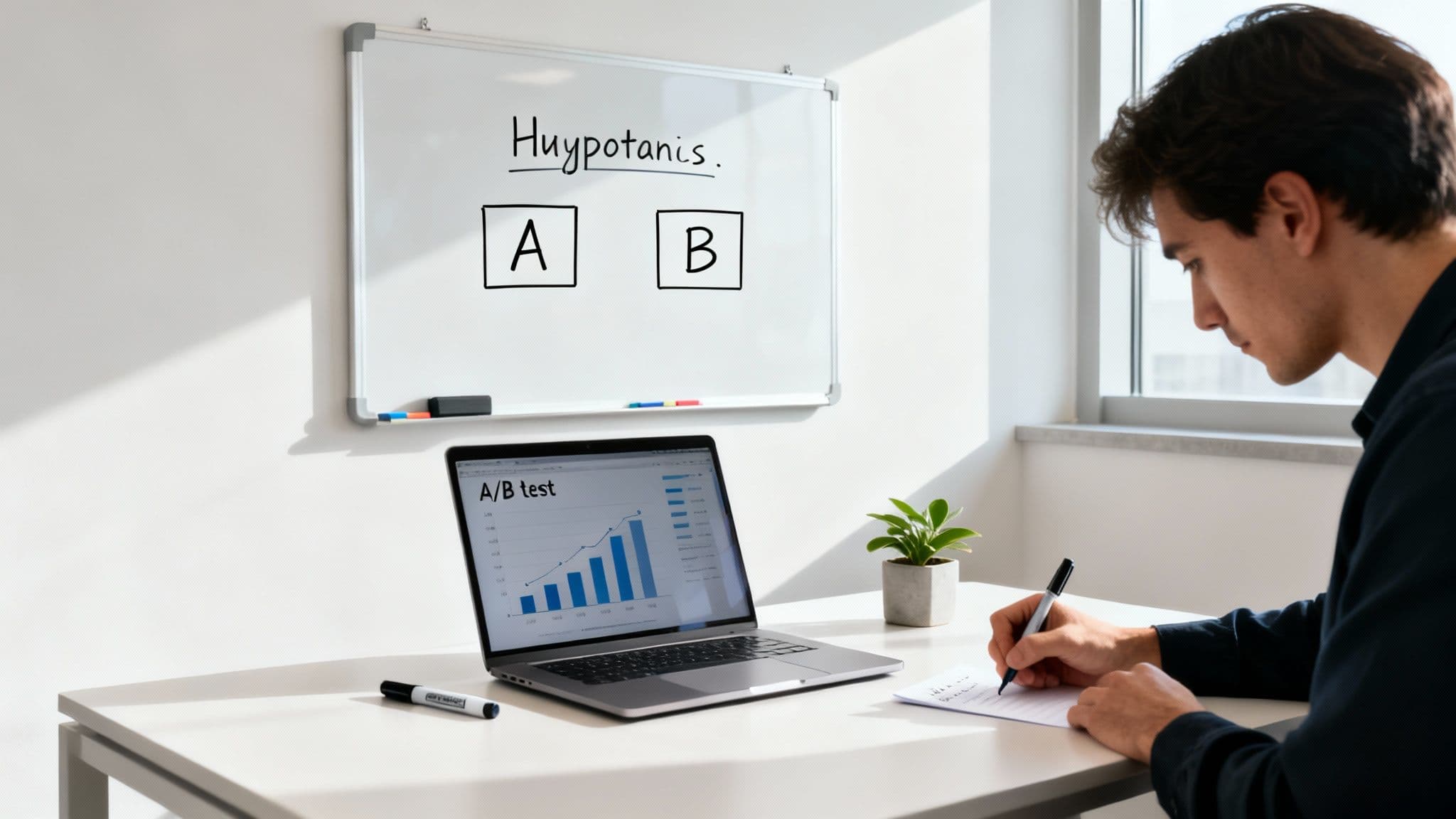 A man at a desk reviews A/B test data on his laptop and takes notes for conversion rate improvement.