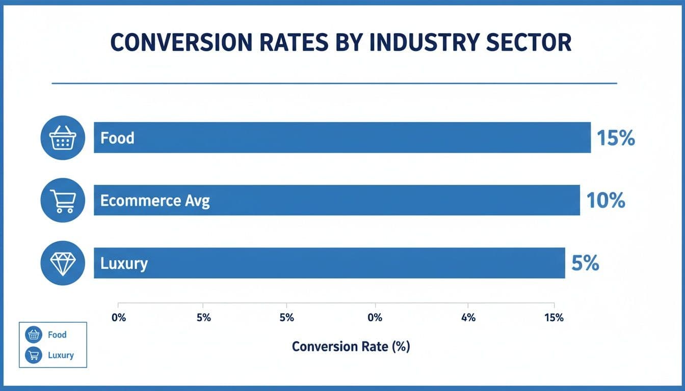 Bar chart displaying conversion rates by industry sector: Food at 15%, Ecommerce Average at 10%, and Luxury at 5%.