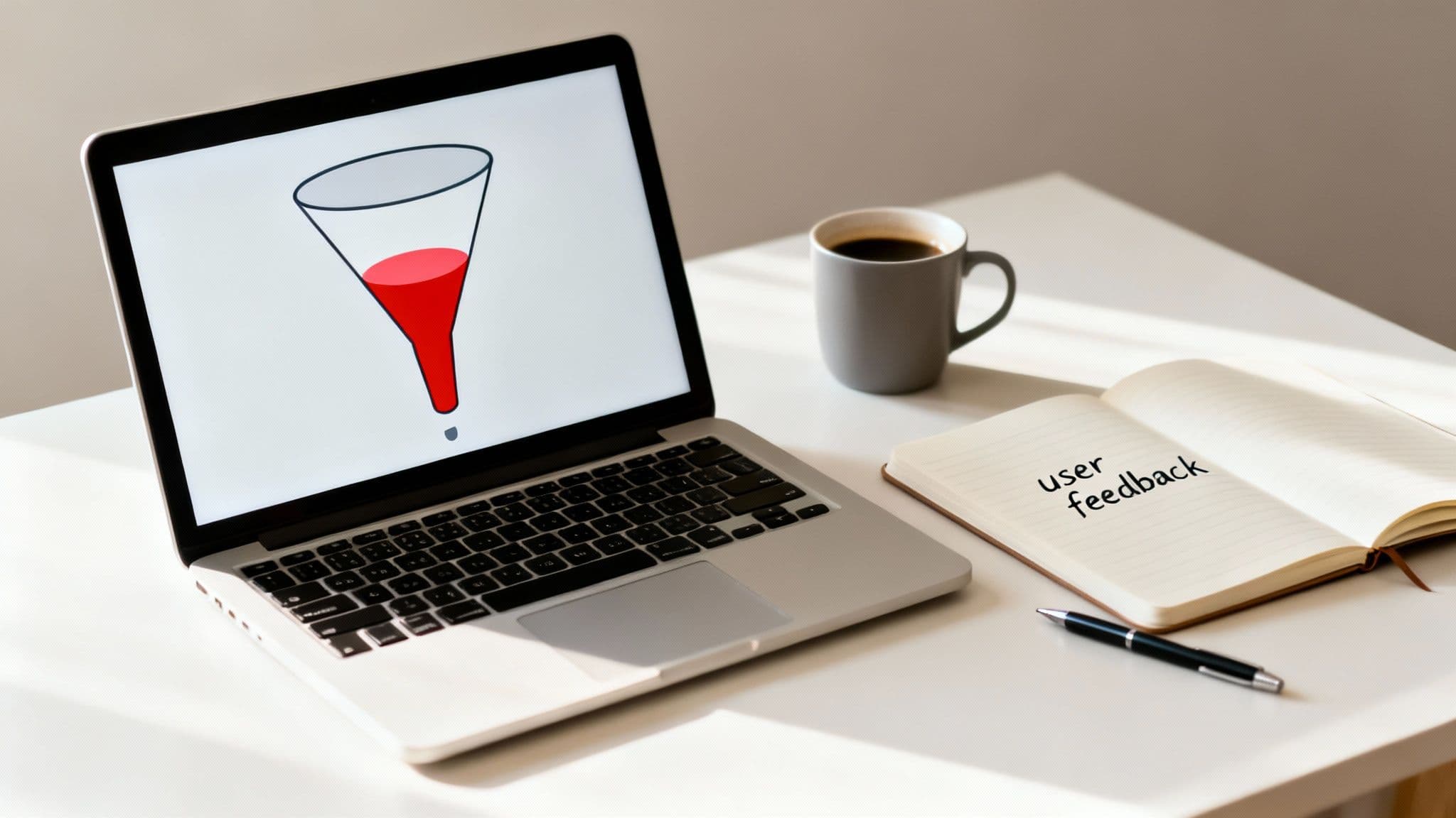 A laptop displays a sales funnel diagram, next to a notebook with 'user feedback' and a coffee cup.