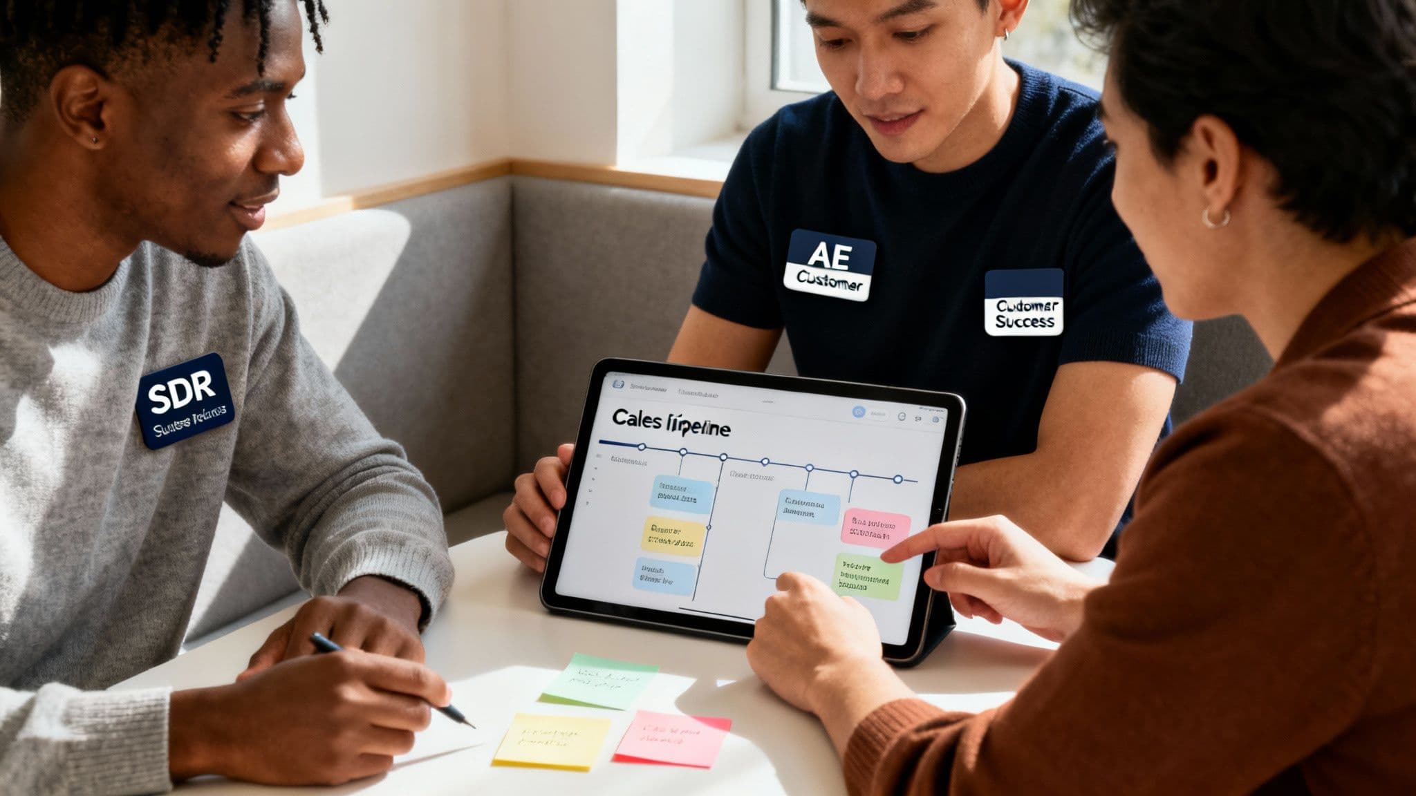 Three diverse colleagues reviewing a sales pipeline on a tablet, collaborating in a modern office environment.