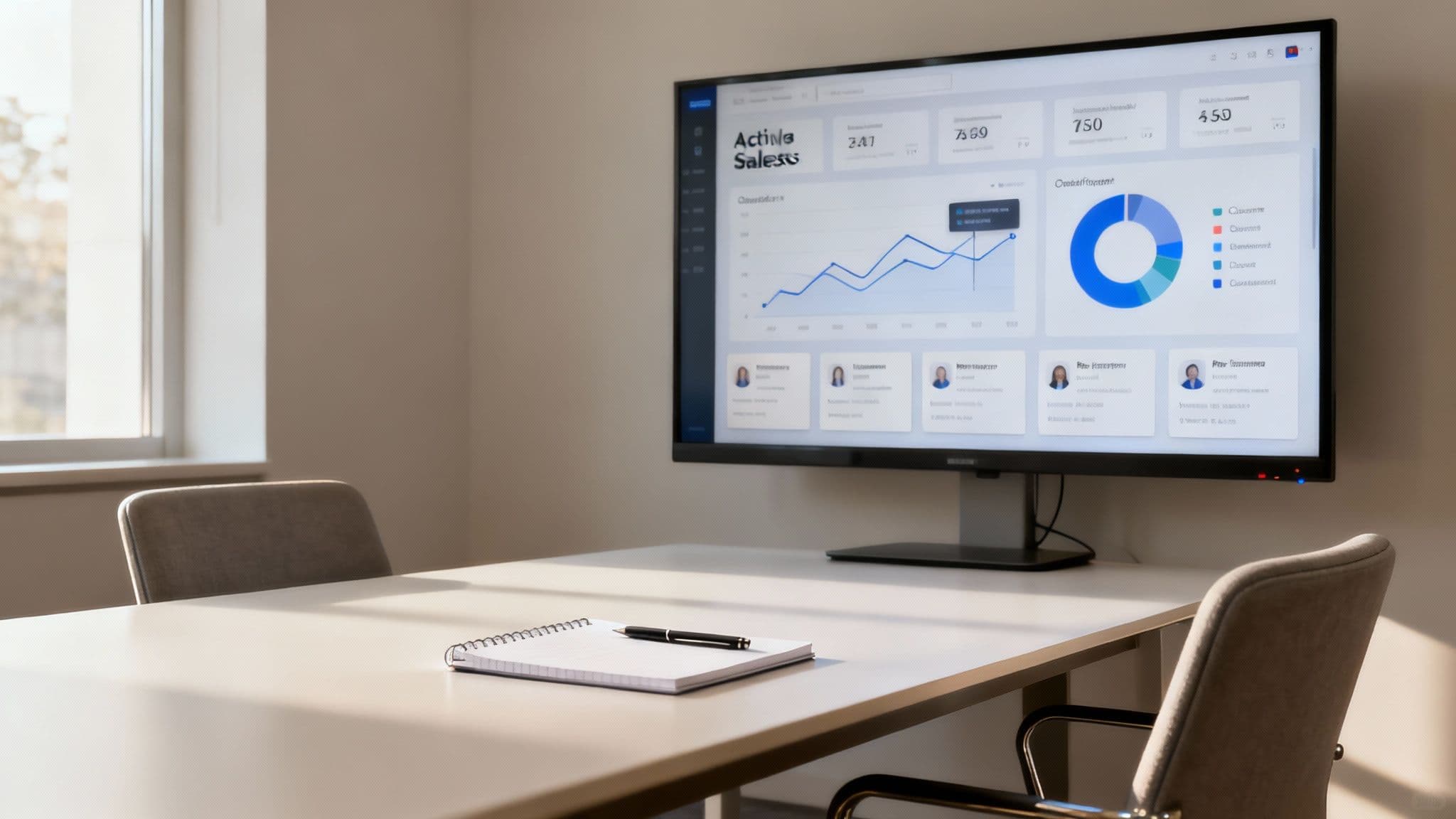 A team reviews a sales dashboard on a large screen