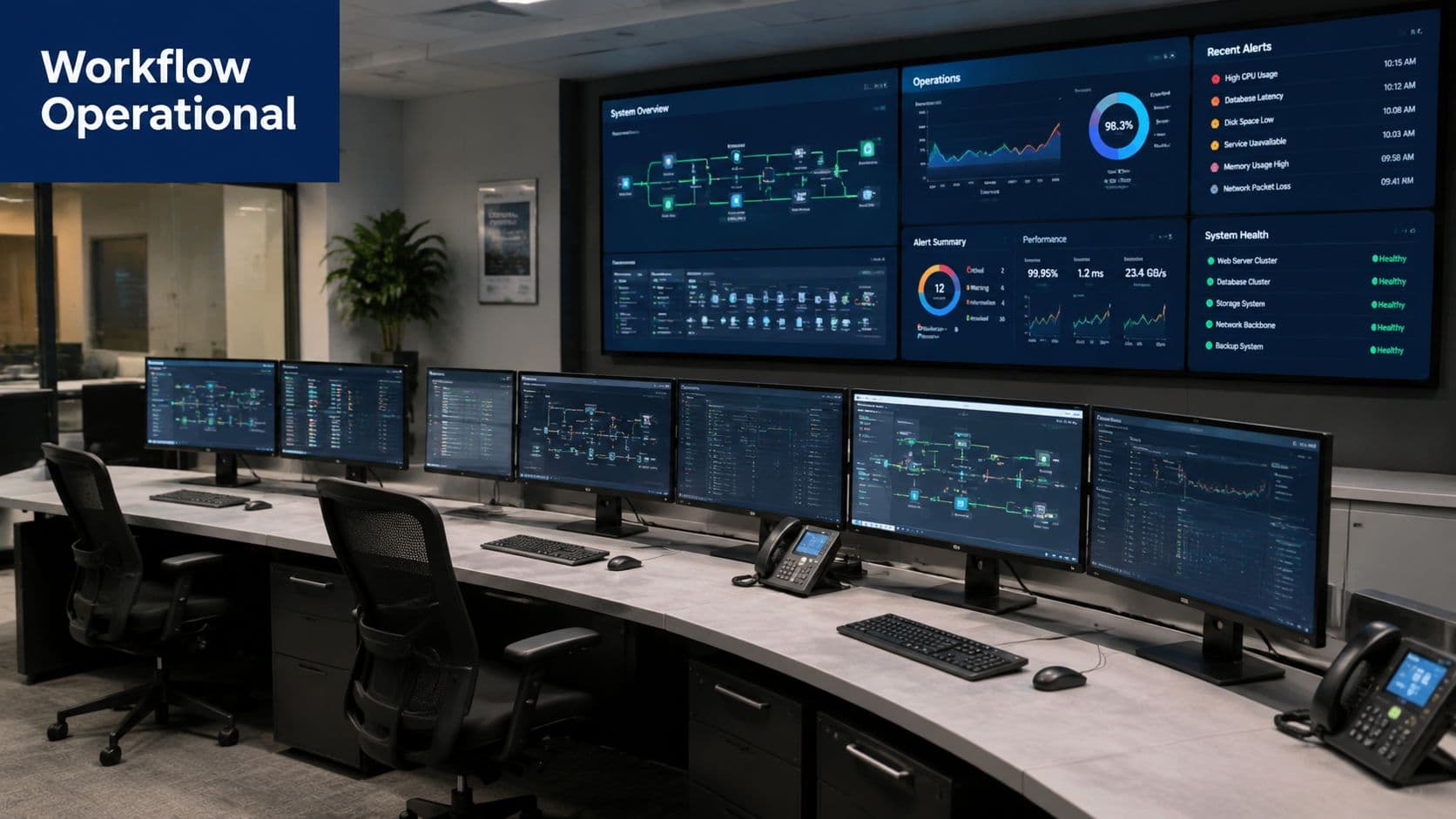 A modern control room with multiple computer monitors displaying complex data analytics and network performance dashboards.