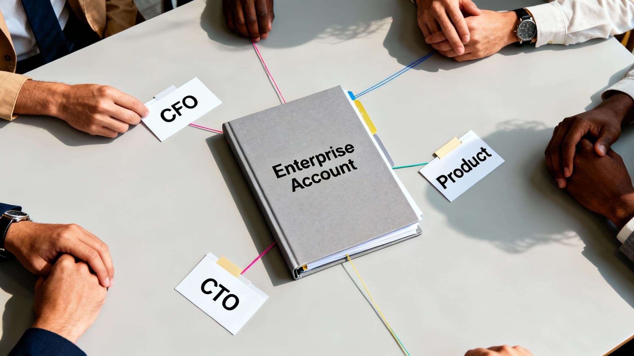 Hands of business professionals discussing an enterprise account, connected by strings to 'CFO', 'Product', and 'CTO' cards.