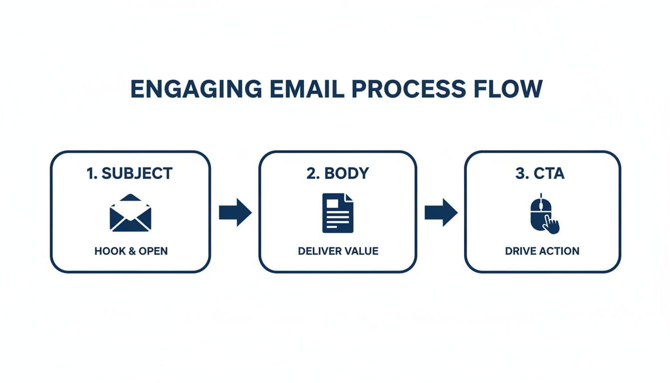 Flowchart showing three steps for an engaging email process: Subject, Body, and CTA.