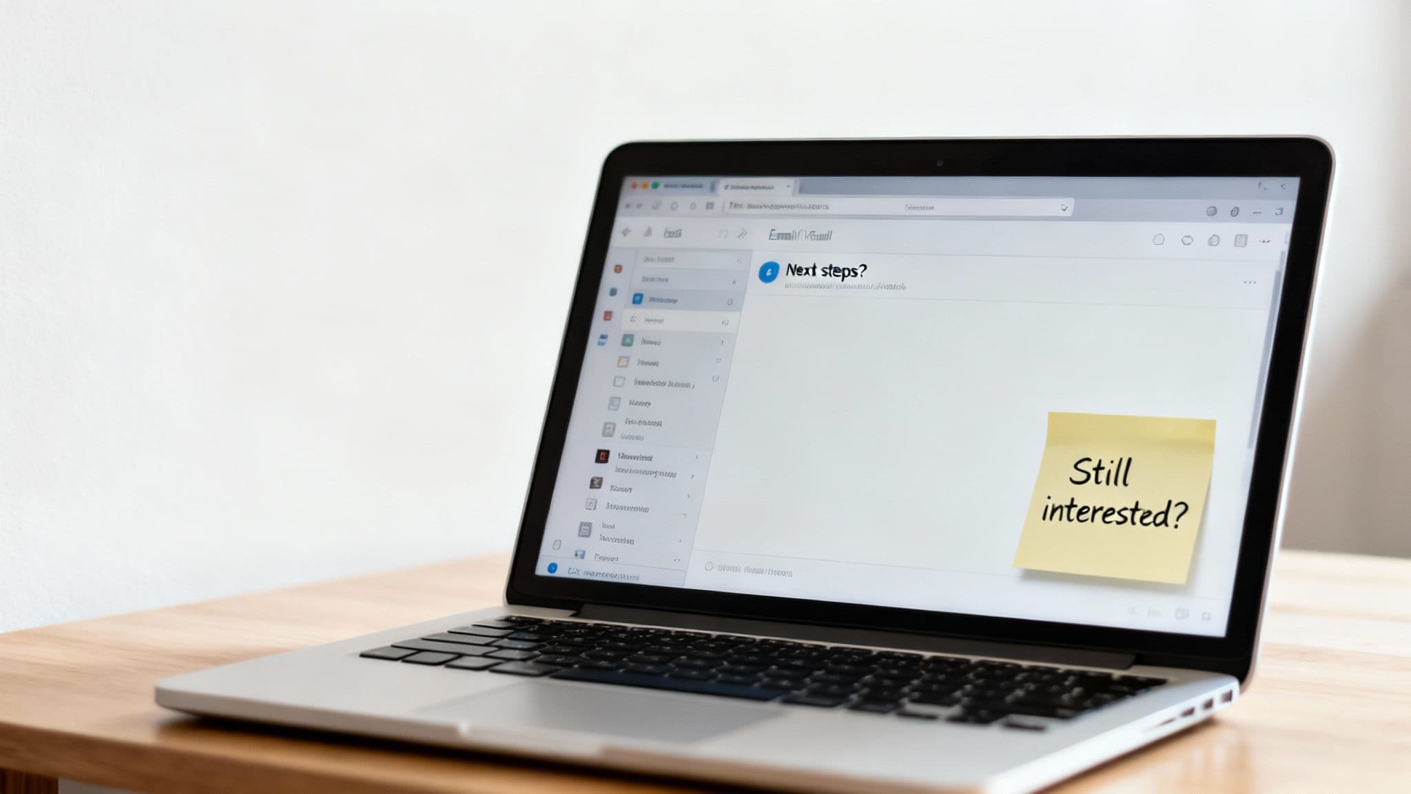 Laptop on a wooden desk displaying an email with a 'Still interested?' sticky note on the screen.