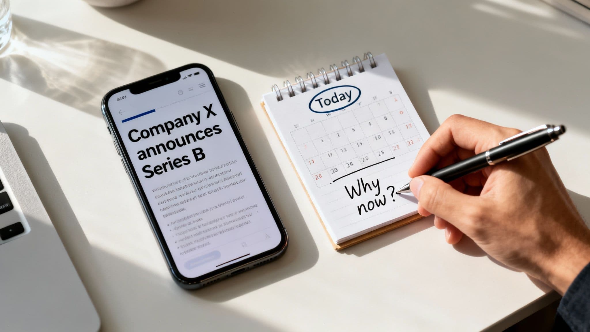 A person writes 'Why now?' on a calendar notepad next to a smartphone displaying 'Company X announces Series B'.