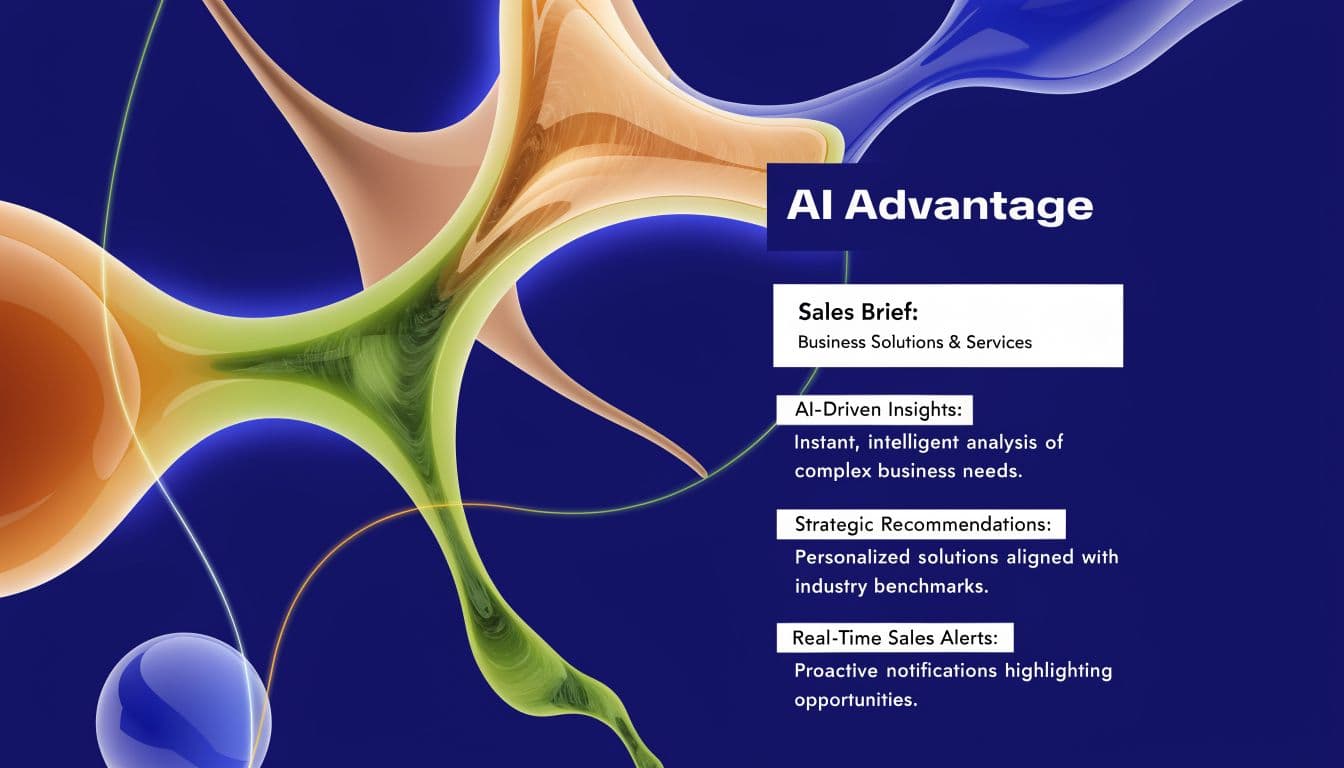 A graphic slide titled AI Advantage, illustrating sales solutions, insights, recommendations, and real-time alerts.