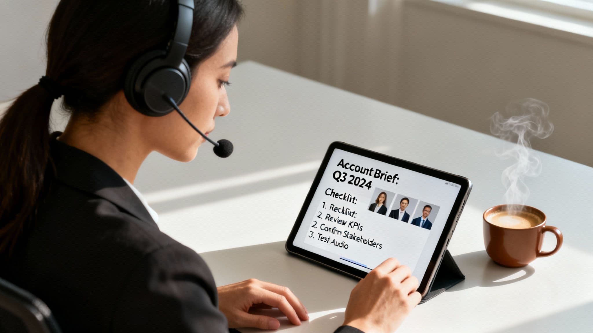 A professional woman in a headset reviews an account brief checklist on a tablet with coffee.