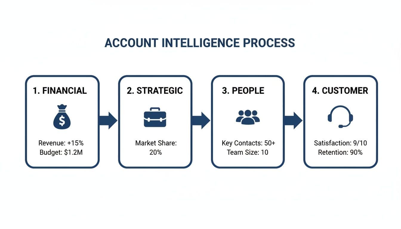 A four-step account intelligence process flow, detailing financial, strategic, people, and customer metrics.