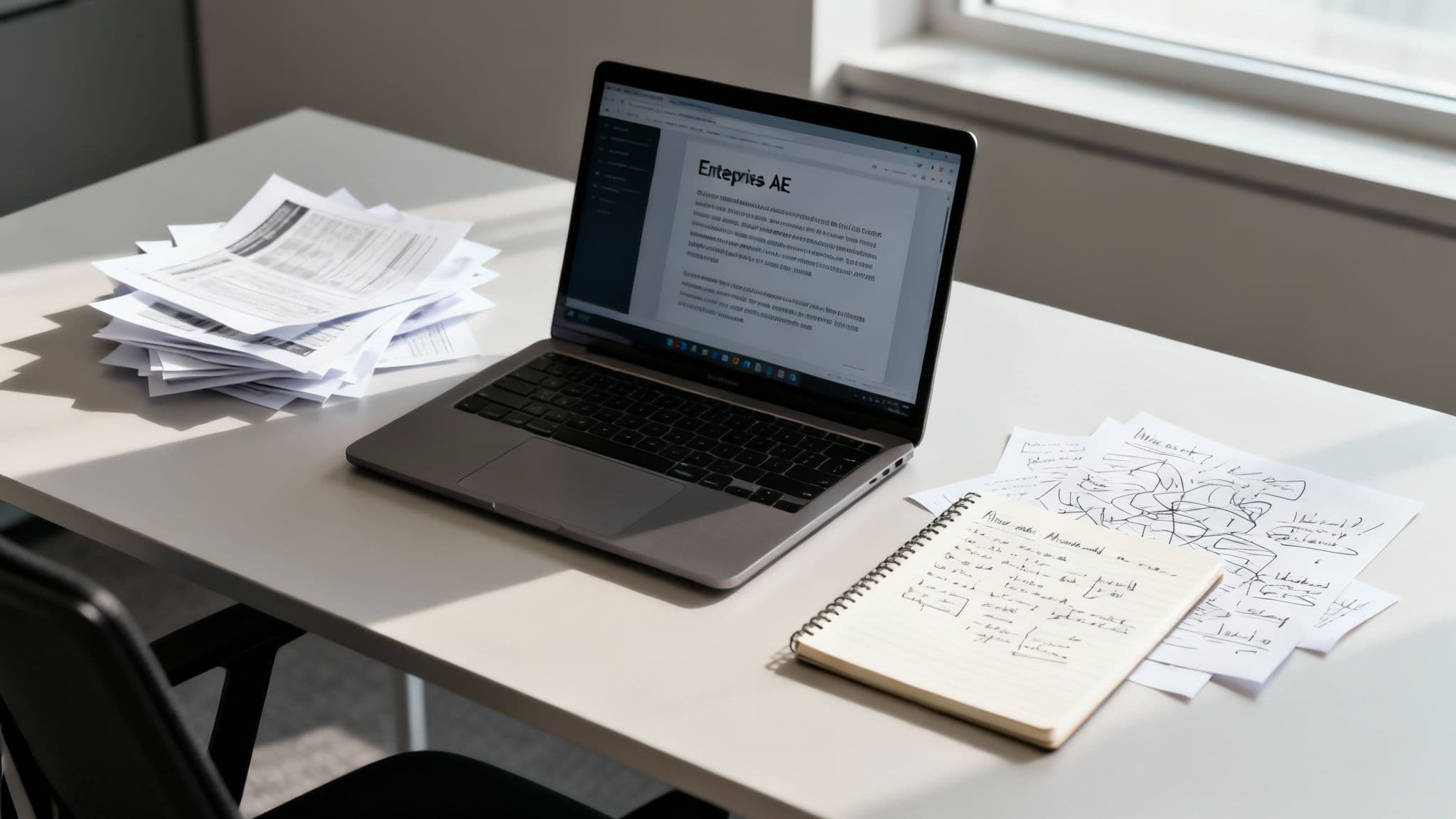 Laptop displaying 'Enterprise AE' document, alongside a stack of papers and a notebook with notes.