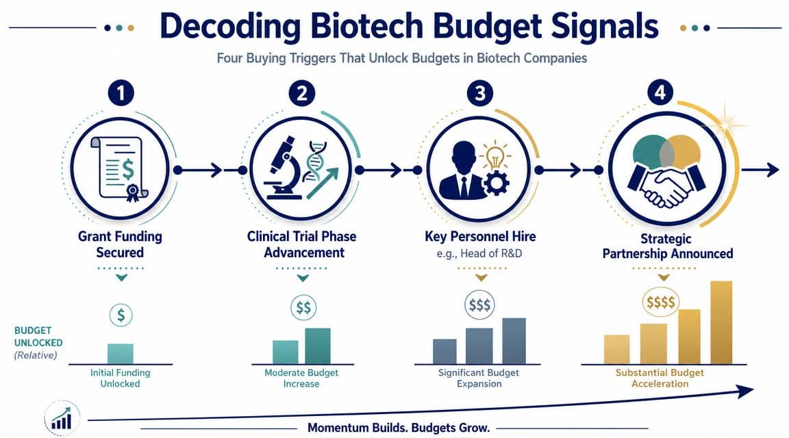 A diagram outlining four key biotech buying triggers that increase company budgets and project momentum.