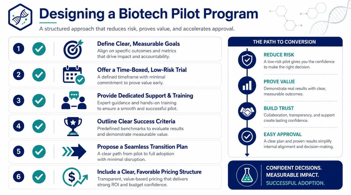 A structured 6-step guide and strategy for designing a successful pilot program for biotech companies.