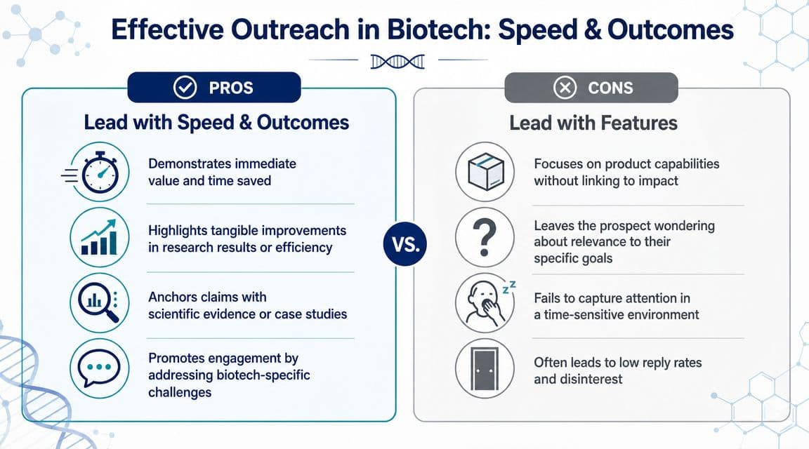 A comparison chart showing how leading with speed and outcomes is more effective than leading with features in biotech.