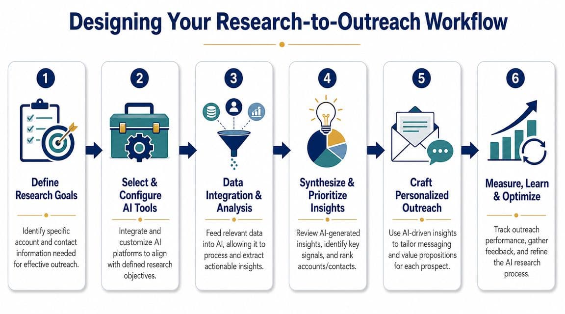 A six-step workflow infographic detailing how to design a research-to-outreach process using AI tools.