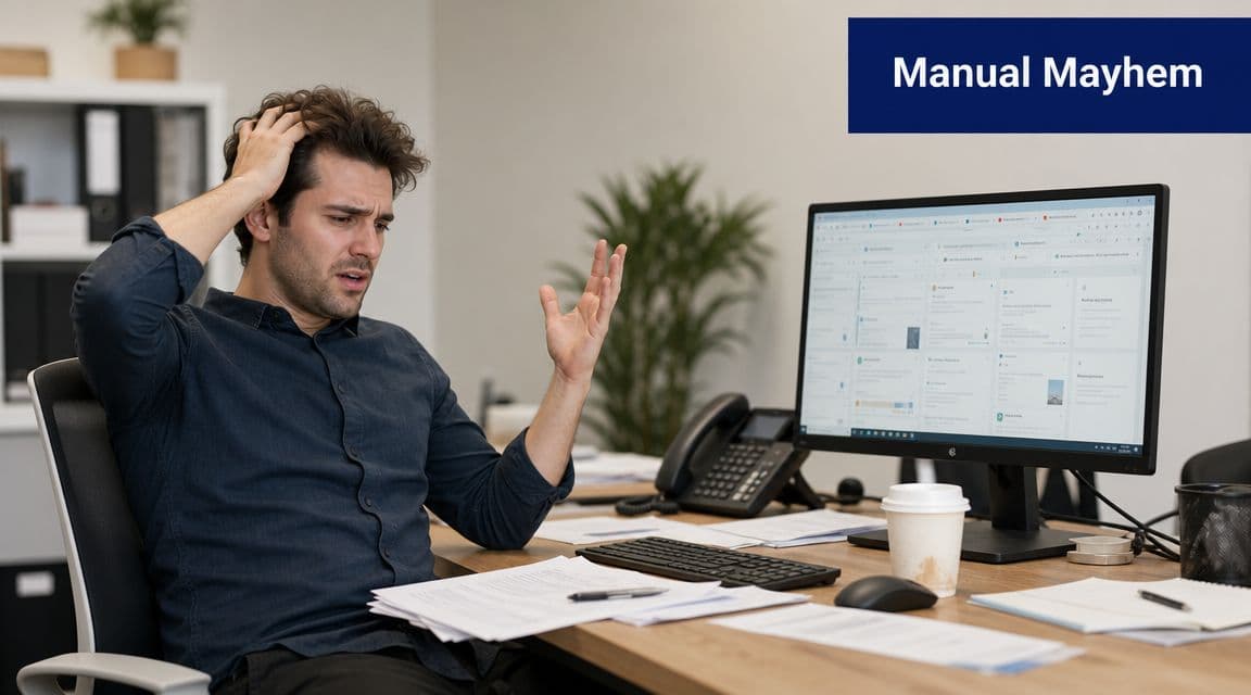 A frustrated office worker sits at a desk overwhelmed by paperwork and complex computer software tasks.