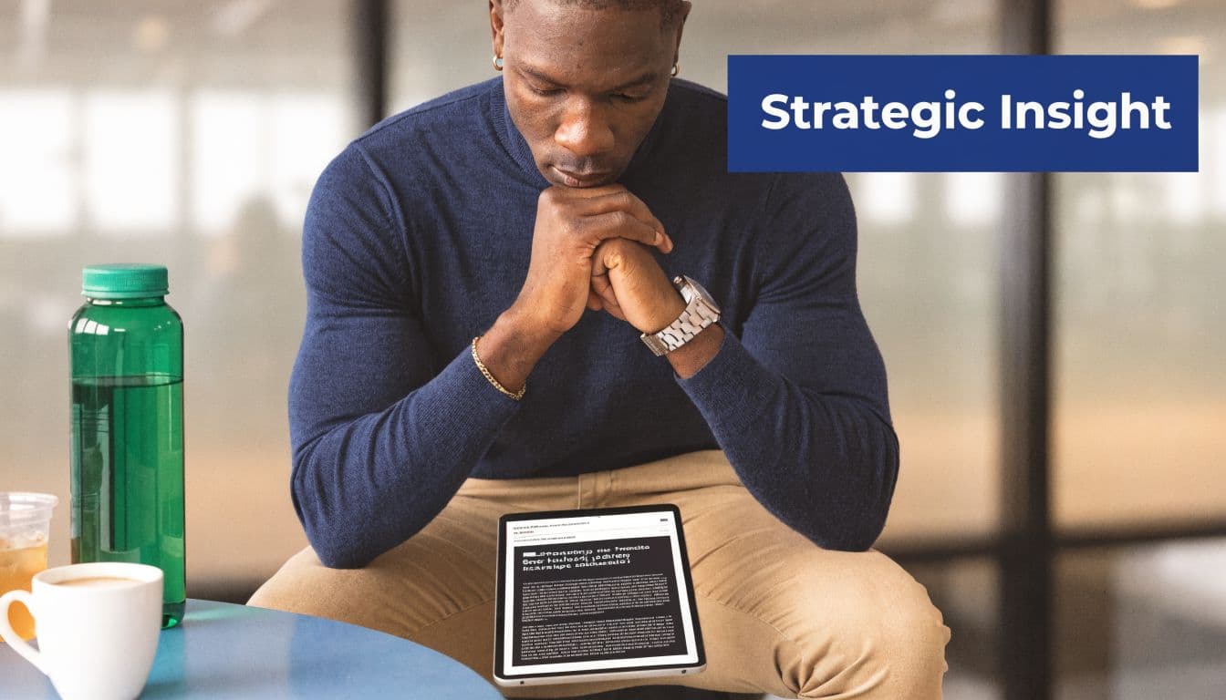 A professional man sitting at a table looking focused at a tablet screen while reading news.