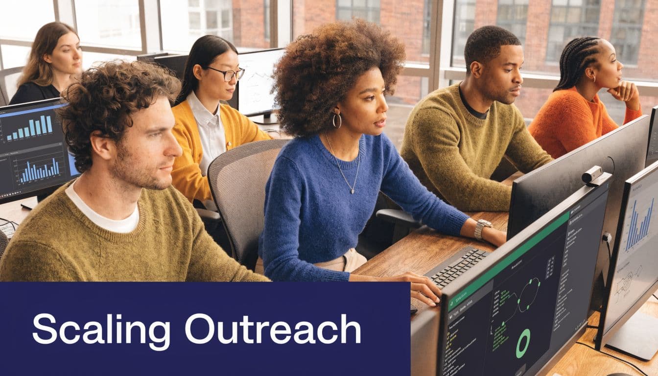 A diverse group of professionals collaborating while working on computers in a modern office environment.