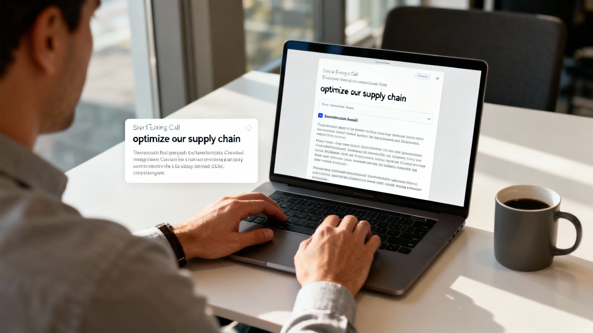 A person types on a laptop, viewing a document titled 'optimize our supply chain' and 'Short Earning Call'.