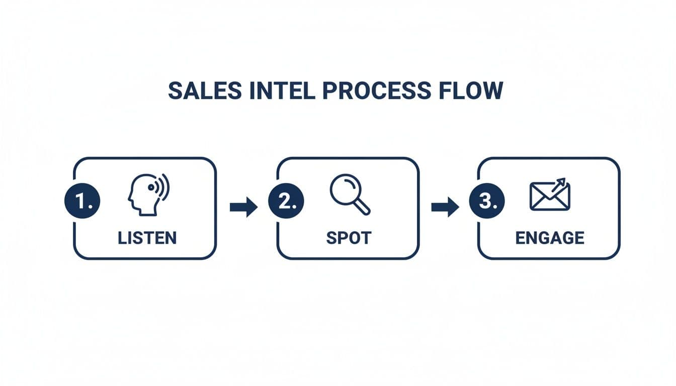This diagram illustrates the three-step sales intelligence process: listen, spot, and engage customers.