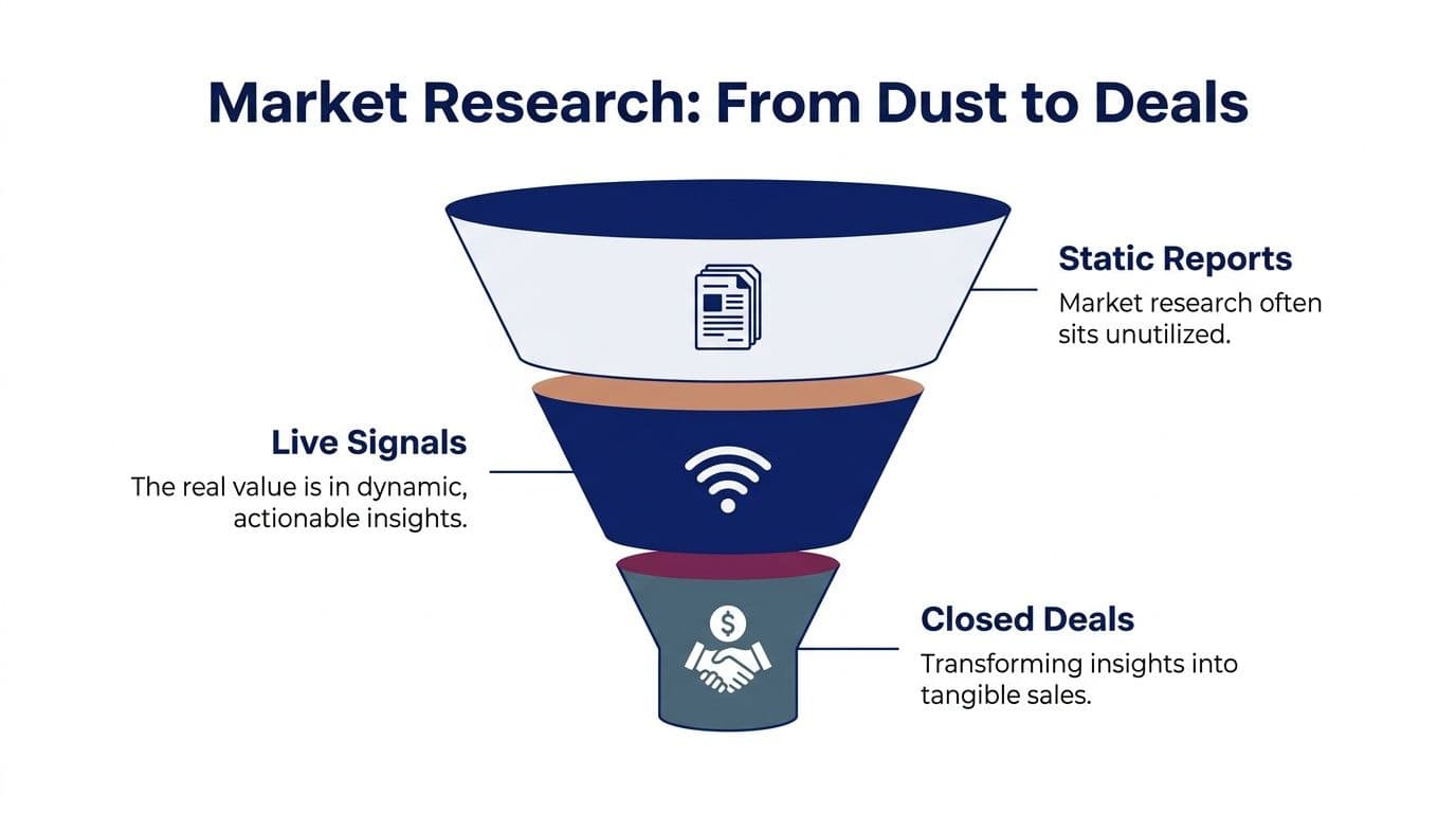 A funnel diagram showing market research evolving from static reports to live signals and closed deals.