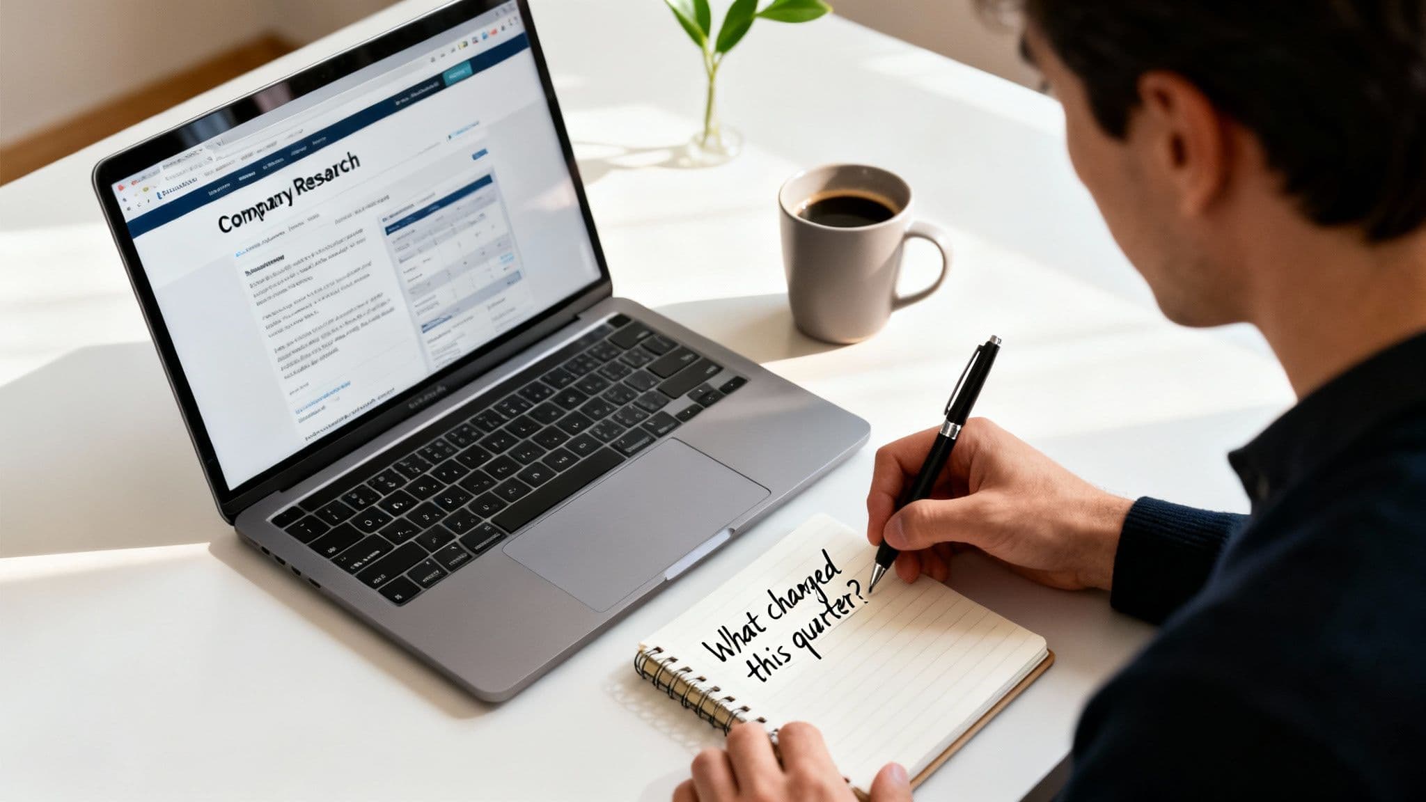 A person takes notes in a spiral notebook, writing 'What changed this quarter?', while working on a laptop displaying 'Company Research'.