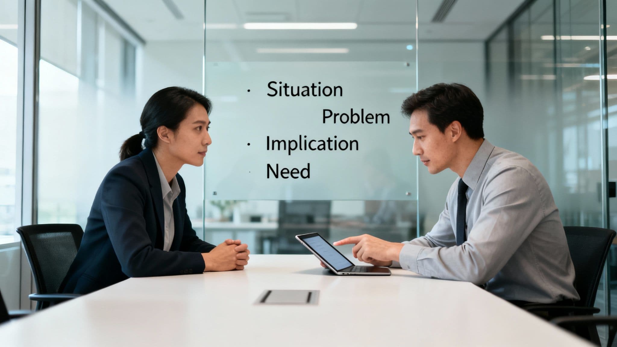 Two business professionals discussing a presentation on a laptop, with sales methodology concepts on glass.